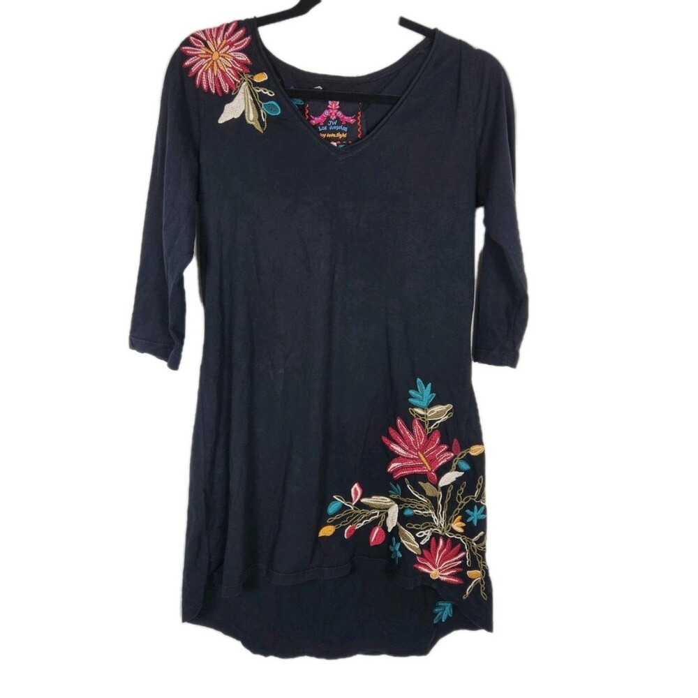 Johnny Was Floral Embroidered Tunic Vneck Blouse Boho Festival Hippie SZ S